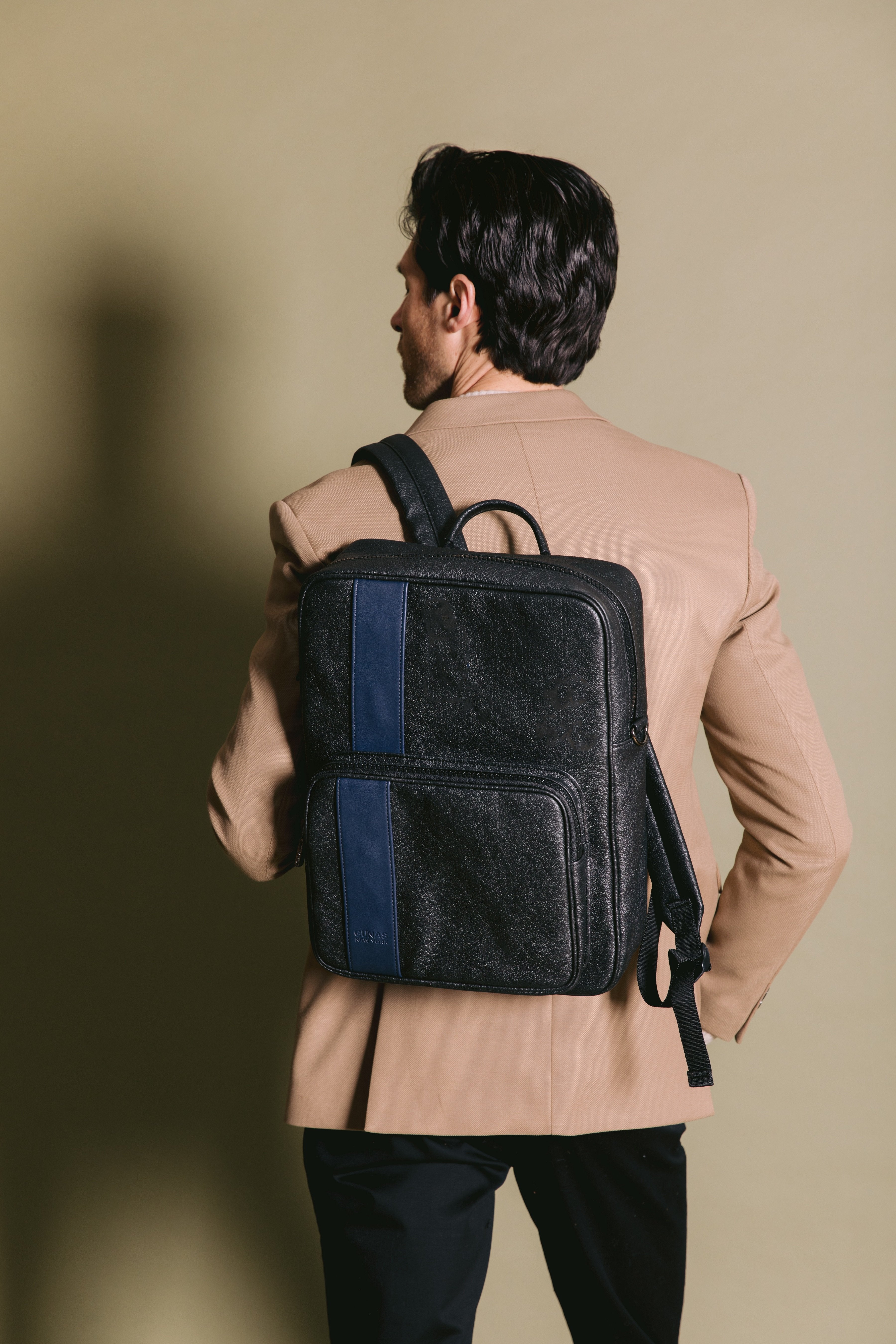 Mens blue leather backpack best sale